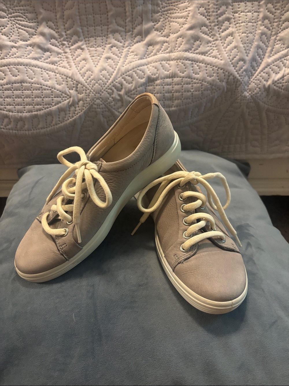 Ecco Women's Leather Lace-Up Sneakers in Taupey Gray with Cream Laces